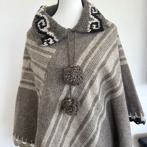 Cozy Brown and Cream Poncho with Pom Poms